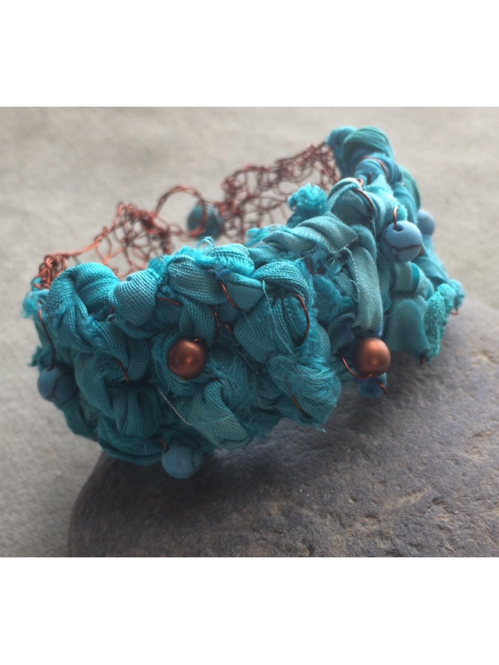Handmade Turquoise Fabric & Copper Bead Bracelet on knitted wire
